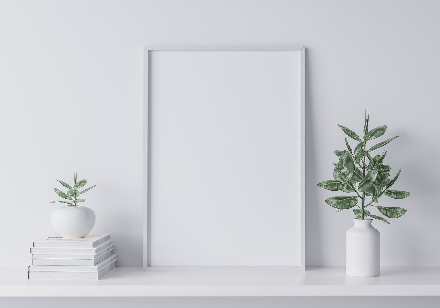 White mock up frame in modern interior, close up for white frame and plants on shelf, minimal design. Stock photo